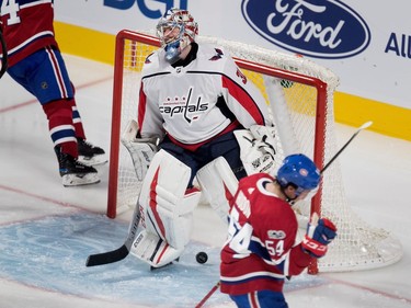 Montreal Canadiens left wing Charles Hudon celebrates scoring against Washington Capitals goalie Philipp Grubauer during pre-season NHL play at the Bell Centre in Montreal on Wednesday September 20, 2017.