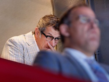 Montreal Canadiens general manager Marc Bergevin watches the final moments as the Canadiens lose to the Washington Capital 4-2 during pre-season NHL play at the Bell Centre in Montreal on Wednesday September 20, 2017.