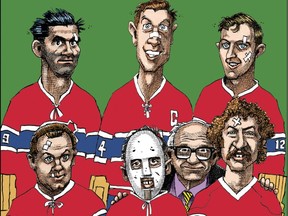 Red Fisher with Canadiens players (top row) Maurice Richard, Jean Béliveau, Dickie Moore, (bottom row) Doug Harvey, Jacques Plante and Larry Robinson.