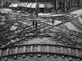 Tramway crossing under construction, Ste. Catherine St. and St. Laurent Blvd., 1893.