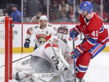 Canadiens' Paul Byron, right, watches as his shot goes past Florida Panthers goalie Roberto Luongo for the first goal of the game during the first period of a National Hockey League game in Montreal on Friday, Sept. 29, 2017.