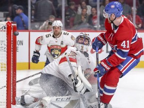 Canadiens' Paul Byron, right, watches as his shot goes past Panthers goalie Roberto Luongo for the first goal of the game Friday night at the Bell Centre.