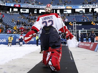 Charline Labonté #32 of the Les Canadiennes walks off the ice after warm ups before the game against the Boston Pride in the Women's Hockey Classic on Dec. 31, 2015 during 2016 Bridgestone NHL Winter Classic at Gillette Stadium in Foxboro, Massachusetts.