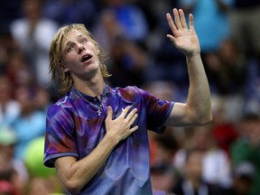 Denis Shapovalov of Canada reacts after his fourth round match defeat to Pablo Carreno Busta of Spain on Day Seven of the 2017 US Open at the USTA Billie Jean King National Tennis Center on September 3, 2017 in the Flushing neighborhood of the Queens borough of New York City.