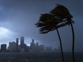 The skyline is seen as the outerbands of Hurricane Irma start to reach Florida on September 9, 2017 in Miami, Florida. Florida is in the path of the Hurricane which may come ashore at category 4.