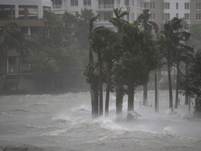 Water flows out of the Miami River to flood a walkway as Hurricane Irma passes through on Sept. 10, 2017 in Miami, Florida. Hurricane Irma made landfall in the Florida Keys as a Category 4 storm on Sunday, lashing the state with 130 mph winds as it moves up the coast.