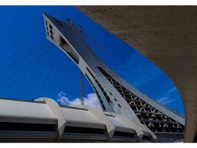 The Olympic Stadium's tower is currently under going a facelift in Montreal, on Tuesday, May 23, 2017 after 30 years of sitting vacant in the form of new offices for the Desjardins Group.