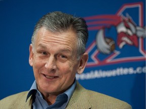 Montreal Alouettes president Larry Smith speaks to reporters in Montreal on Nov. 8, 2010.