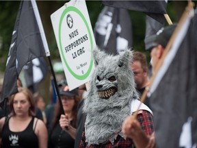 Far-right group La Meute at a rally in Quebec City on Aug. 20, 2017. "Women always refused to talk to us – they didn't want to be stigmatized because of their political allegiance," said Aurélie Campana, the head of research on terrorism and extremism at Université Laval. "But now it is less stigmatizing to be part of a group seen as being on the far right."
