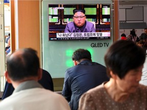 SKOREA-NKorea-US-NUCLEAR-DIPLOMACY

People watch a television news screen showing a picture of North Korean leader Kim Jong-Un delivering a statement in Pyongyang, at a railway station in Seoul on September 22, 2017.  US President Donald Trump is "mentally deranged" and will "pay dearly" for his threat to destroy North Korea, Kim Jong-Un said on September 22, as his foreign minister hinted the regime may explode a hydrogen bomb over the Pacific Ocean. / AFP PHOTO / JUNG Yeon-JeJUNG YEON-JE/AFP/Getty Images
JUNG YEON-JE, AFP/Getty Images