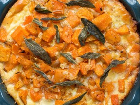 Sage leaves top a butternut squash casserole.