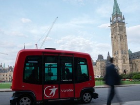 A driverless bus travels around Parliament Hill on Wednesday, Sept. 20, 2017, part of an effort by the Senate Committee on Transport and Communications, chaired by Senator Dennis Dawson, to raise awareness on the need for action in response to the policy and regulatory issues raised by selfdriving vehicles.