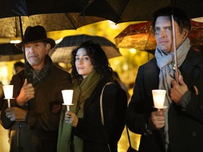 Peter Coyote (from left), Joanna Kelly and Aden Young (Rectify) in the Quebec-shot CTV miniseries The Disappearance, which begins a six-episode run on Sunday, Oct. 1, 2017. Courtesy of Bell Media.