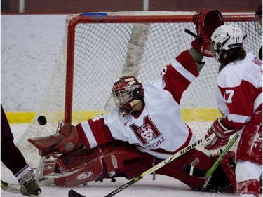 QSSF Women's Hockey championship series - Ottawa Gee-Gees vs McGill Martlets. Martlets goaltender Charline Labonté makes a big league save in last minute of play in the 3rd period on Wednesday, March 7, 2007 on her way to a 2-0 shutout win over the Gee-Gees