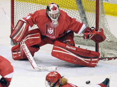 McGill University Martlets goalie Charline Labonté defends her crease during a 2012 CIS Women's Hockey Championship game against University of Calgary Dinos at Clare Drake Arena in Edmonton, Alberta on March 8, 2012.