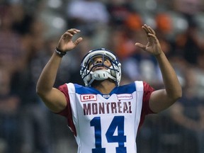 Alouettes kicker Boris Bede reacts after his field goal attempt was unsuccessful after hitting the upright during the first half of a CFL football game against the B.C. Lions in Vancouver on Friday, Sept. 8, 2017.
