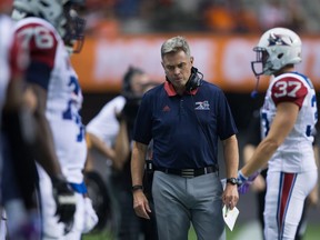 Montreal Alouettes' head coach Jacques Chapdelaine walks on the sideline during the first half of a CFL football game against the B.C. Lions in Vancouver, B.C., on Friday September 8, 2017.