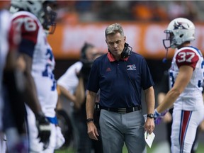 Montreal Alouettes' head coach Jacques Chapdelaine walks on the sideline during team's 41-18 loss to the B.C. Lions in Vancouver, B.C., on Friday September 8, 2017.