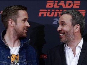 Actor Ryan Gosling, left, and director Denis Villeneuve are seen at a press conference promoting the film Blade Runner 2049, in Barcelona, Spain, on June 19, 2017.