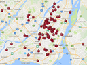 Map shows firebombings in Montreal from 2009 to 2017.