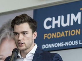 Canadiens' Jonathan Drouin announces a $500,000 donation to the Centre Hospitalier de l'Université de Montréal on Tuesday, Sept. 19, 2017.