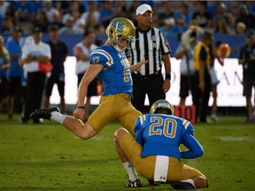 UCLA's J.J. Molson makes kick during the Bruins' comeback 45-44 win over the Texas A&M Aggies on Sunday, Sept. 3., at the Rose Bowl in Pasadena, Calif. Molson grew up in Montreal and played football at Selwyn House High School and John Abbott College before getting a scholarship to UCLA.