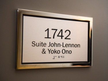 The name plate of the Queen E's Suite 1742, made famous by John Lennon and Yoko Ono during their 1969 bed-in for peace Thursday, September 21, 2017 in Montreal. THE CANADIAN PRESS/Paul Chiasson