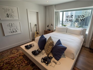 A bed's eye view of in the Queen E's revamped Suite 1742, made famous by John Lennon and Yoko Ono during their 1969 bed-in for peace, Thursday, September 21, 2017 in Montreal. THE CANADIAN PRESS/Paul Chiasson