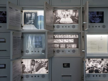 A multimedia wall in the Queen E's revamped Suite 1742, made famous by John Lennon and Yoko Ono during their 1969 bed-in for peace Thursday, September 21, 2017 in Montreal. THE CANADIAN PRESS/Paul Chiasson