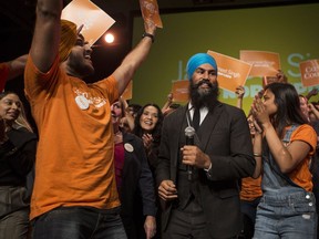 Leadership contender Jagmeet Singh dances on stage with supporters after speaking at the NDP's Leadership Showcase in Hamilton, Ont. on Sunday September 17 , 2017. Are turban-wearing Sikh politicians not suited for public office? Bloc Québécois Leader Martine Ouellet seems to think so.