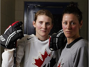 Hayley Wickenheiser and Charline Labonté following a practice during training camp for Canada's National Women's Team in advance of the 2013 IIHF Ice Hockey Women's World Championship taking place in Ottawa. Tuesday, March 26, 2013.