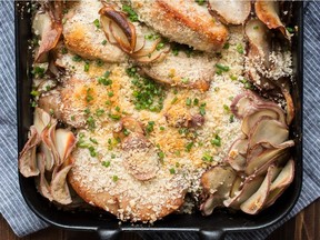 Pork chops are baked in cream with potatoes and garlic to make a meal-in-one from a new casserole cookbook.