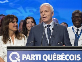 Parti Québécois Leader Jean-François Lisée speaks to delegates following a confidence vote at the party's policy convention in Montreal, Saturday, September 9, 2017.