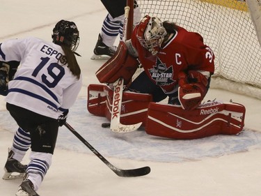 Brittany Esposito of Team White takes a shot at Goalie Charline Labonté of the Red team in front of the net, during the CWHL All-Star game on Saturday, Dec. 13, 2014 at the Air Canada Centre in Toronto.