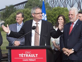 Éric Tétrault, left, had been a candidate for a byelection in the Louis-Hébert riding before pulling out Wednesday evening.