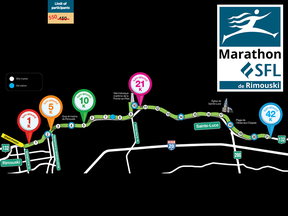 A map of the route of the Rimouski marathon and shorter races.