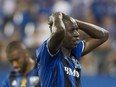 Impact's Hassoun Camara reacts after missing a scoring chance against Minnesota United FC  in Montreal on Saturday, Sept. 16, 2017.