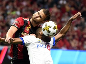 United defender Leandro Gonzalez (5) in action against Montreal Impact forward Anthony Jackson-Hamel during the first half at Mercedes-Benz Stadium.