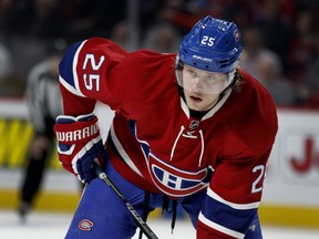 Jacob De La Rose waits for the puck to drop during a faceoff against the Columbus Blue Jackets at the Bell Centre on Jan. 26, 2016.