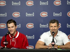 Canadiens forward Jonathan Drouin and Marc Bergevin during a news conference at the Bell Centre in Montreal on June 15, 2017.