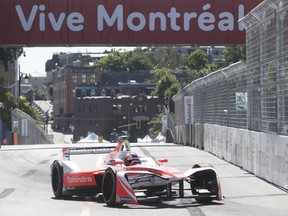 Formula E driver Felix Rosenqvist of Sweden races his Mahindra Racing car up Berri St. during the morning practice round on July 30, 2017.