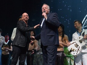 Cirque du Soleil Senior VP Jerry Nadal, right, onstage with founder Guy Laliberté in 2014.