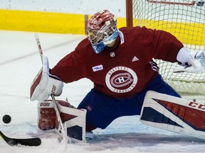 Montreal Canadiens goaltender Carey Price makes a stop during practice at the Bell Sports Complex in Brossard, on Tuesday, September 19, 2017.