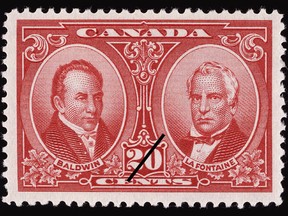 A 20-cent stamp, issued in 1927, featuring Robert Baldwin (Reform Party leader for Upper Canada) and Louis-Hippolyte LaFontaine (Reform Party leader for Lower Canada) who worked together after the 1837-38 rebellion to help bring about a united and responsible government for the Province of Canada prior to Confederation.