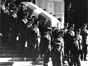 Oct. 20, 1970: The funeral for Quebec Labour Minister, Pierre Laporte, who had been kidnapped from his home by the Front de Libération du Quebec (FLQ) on Oct. 10 and murdered one week later.
