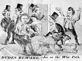 Joe Beef's Supplement, Third Edition, 1885: DUDES BEWARE–Joe on the War Path. At the time, "dude" was considered a derogatory term and this engraving is probably making light of a well-known court case a year earlier in which a Montreal man was on trial for offending another man by addressing him as "Dude" in the street.