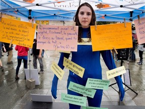 Laura Caumeant of Regroupement des ressources alternatives en santé mentale du Québec takes part in World Mental Health Day rally in Montreal on Monday, Oct. 9, 2017.