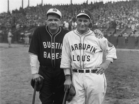 New York Yankees stars Babe Ruth, left, and Lou Gehrig during a 1927 exhibition game. One year later they played a partial game at Montreal's Delorimier Downs stadium.