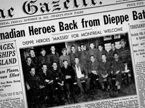 'City Welcomes Canadian Heroes Back Home from Dieepe Battle,' says the font-page headline of The Gazette of Oct. 16, 1942, accompanied by a photo with a caption that reads, 'A specially-selected group of Canadian soldiers who saw action at Dieppe and who have returned to Canada as representatives of their comrades are shown here upon arrival in Montreal yesterday.'