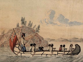 Hudson's Bay Company officials in an express canoe crossing a lake, ca. 1825.